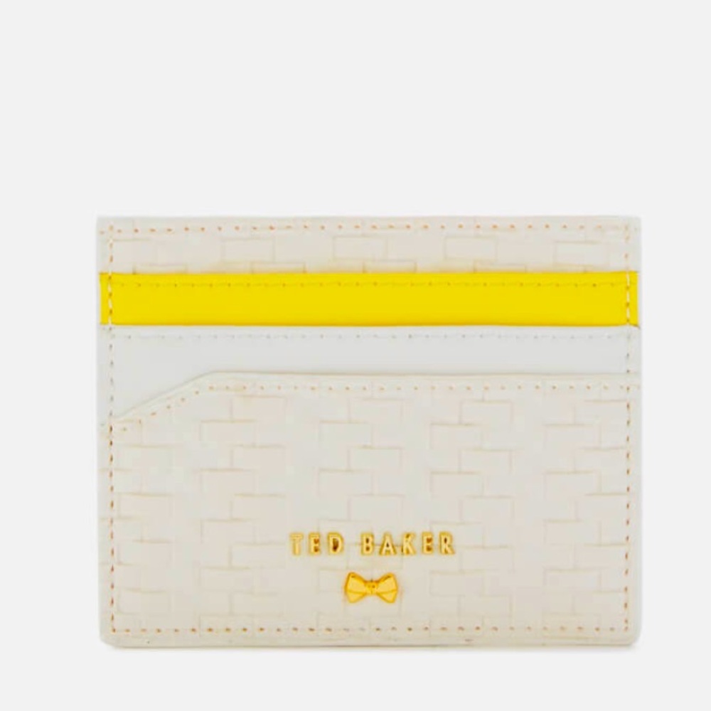 TED BAKER White Card Holder Yellow Gold Women's Mabes Raffia Card Case ID Holder